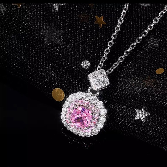 Sterling Silver Pink Lab Created Sapphire/Diamond Halo Pendant ONLY - Picture 1 of 3